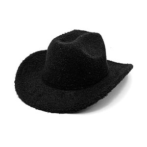 Gros plan sur la texture bouclée en laine noire d'un chapeau de cow-boy classique
