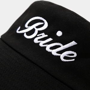 Black cotton bucket hat with white Bride embroidery for wedding parties and events