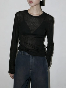 Detail of black semi-sheer knit long sleeve top with textured fabric and slim fit design