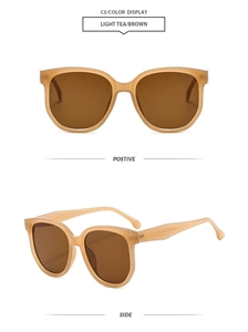 Vues de face et de profil de grandes lunettes de soleil en matériau marron thé clair