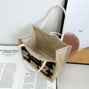 Cute cartoon bear woven tote bag in beige and black with large capacity lunch box storage