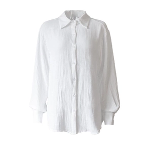 White long-sleeve cotton crepe shirt with textured finish and button-up front design