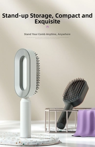Detail view of ergonomic air cushion hairbrush with massage bristles and standing handle