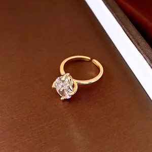 Elegant luxury gold plated open ring with a large oval-cut cubic zirconia stone