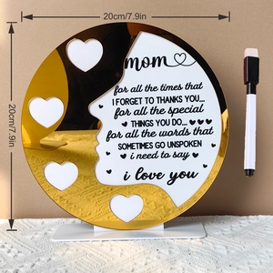 Close-up of heart-shaped photo slots and touching message on the acrylic Mom gift plaque