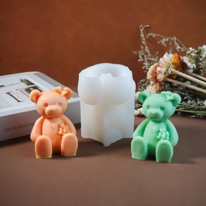 DIY silicone mold for cute 3D bear candles with flower bows and plaster animal figures