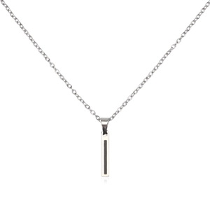 Close-up of silver stainless steel vertical bar necklace with black inlay detail