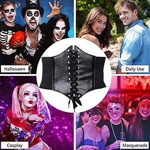 Lace-up corset belt showing applications for Halloween, Cosplay, and daily wear