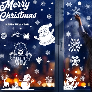 White Christmas window static stickers featuring Santa, reindeer and snowflake decorations