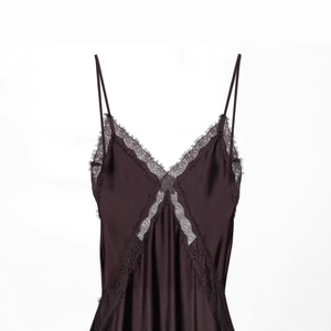 Women's deep purple satin midi slip dress with black eyelash lace trim and V-neckline