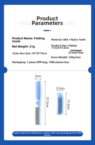 Detailed size parameters of the foldable sky blue travel comb with dimensions and ABS material