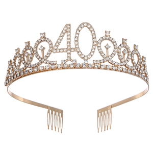 Élégant serre-tête couronne d'anniversaire numéro 40 en métal doré avec strass et peignes