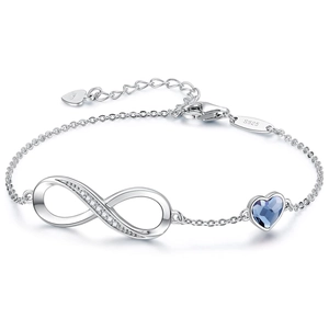 Elegant S925 silver infinity bracelet with blue heart crystal and sparkling zircon stones
