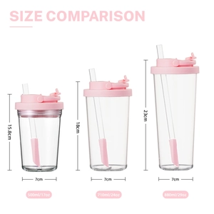 Size comparison of three Tritan straw cups in 500ml, 710ml and 880ml pink boba bottles