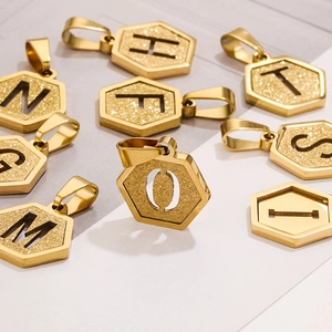 Hexagonal 18K gold stainless steel letter pendants with frosted finish for DIY jewelry