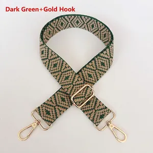 Detail of vintage geometric woven bag strap in deep green and beige with gold metal hooks