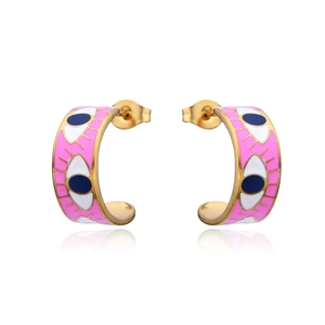Pink enamel Evil Eye C-shaped hoop earrings made of gold-plated stainless steel