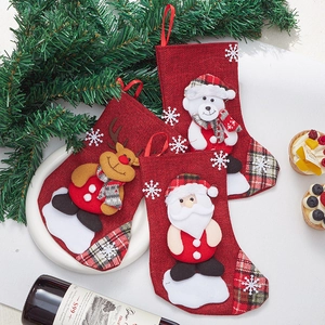 Red burlap Christmas stockings with 3D Santa, Reindeer and Polar Bear embroidery