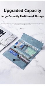 Internal view showing 11 card slots and large bill compartment in grey-blue wallet