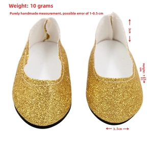 Detail of 7.5cm gold glitter round toe doll shoes with reinforced stitching for 18-inch dolls