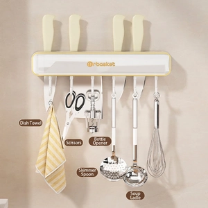 Wall-mounted kitchen knife holder with 5 hooks and tool organizer in cream white