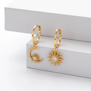 Asymmetric S925 sterling silver sun and moon hoop earrings with clear zircon stones