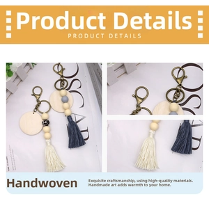 Close-up of handmade boho keychain with wooden beads, leopard prints, and tassels