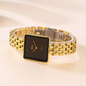 Elegant gold square quartz watch with a minimalist black dial and metal link bracelet