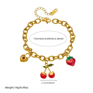 Gold stainless steel chain bracelet with cherry heart lock and strawberry charms