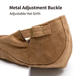 Classic camel beret cap with adjustable gold metal buckle and premium suede texture