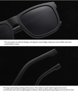 Detail of matte black sunglasses featuring soft silicone nose pads and ergonomic temple tips