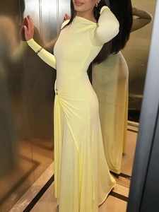 Maxi Dress Long Sleeve Slim Fit Ruched Waist Metal Ring Round Neck Solid Color Polyester Elegant For Women
