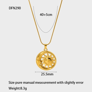 Detailed view of 18k gold plated sun and moon pendant with dimensions and weight data