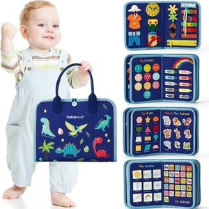 Blue felt dinosaur busy board for kids featuring numbers, colors, and educational shapes