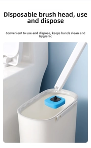 Detail showing the long handle picking up a blue disposable sponge head for toilet cleaning