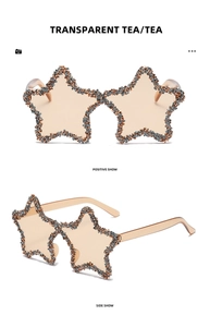 Macro detail of star-shaped tea sunglasses with hand-set rhinestones and plastic frame