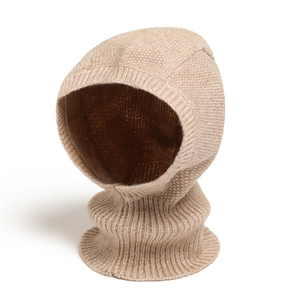 Detailed macro shot of the oatmeal knitted texture on this warm balaclava hood scarf