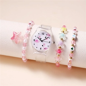 Orologio Da Polso Al Quarzo Con Fenicottero Per Bambini E Braccialetti Con Perline Stella Cuore Cinturino In Plastica Trasparente Stile Cartone Animato Per Ragazze