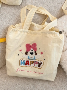 Cute puppy embroidery canvas tote bag with drawstring closure and spacious casual design