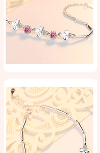 Macro detail of S925 sterling silver clover bracelet with pink stones and adjustable chain