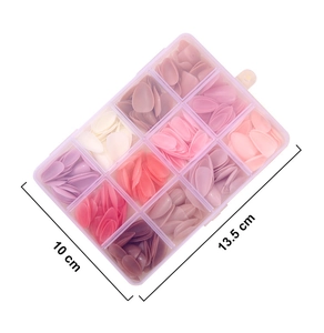 Detailed top view of 12-grid organizer box with 360 glossy press-on nails in various colors