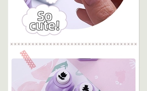 Close-up of mini purple craft punch showing tulip and bear DIY pattern templates