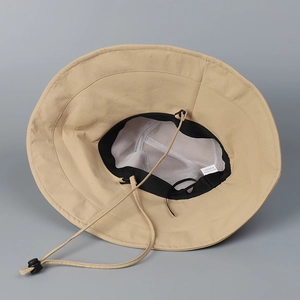 Beige wide-brim sun hat with breathable mesh lining and adjustable windproof strap