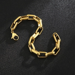 Men's hip hop square link chain bracelet in gold finish on black background