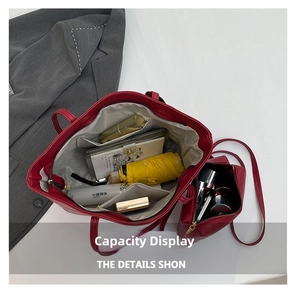 Top view of red litchi grain tote bag showing large capacity for umbrella and cosmetics