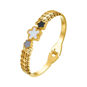 Vintage gold-plated stainless steel bangle with black and white flowers and wheat patterns