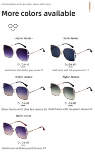Detail view of nylon lens color options and metal frames for stylish oversize sunglasses
