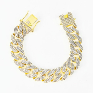 Men's hip hop 15mm gold rhombic Cuban link chain with three rows of sparkling rhinestones