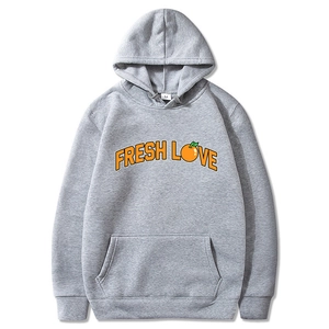 Men Hoodie Pullover Long Sleeve Fleece Lined Fresh Love Letter Orange Print Kangaroo Pocket Casual Sports Streetwear