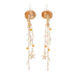 Golden starfish tassel earrings with multicolored glass beads for beach vacations